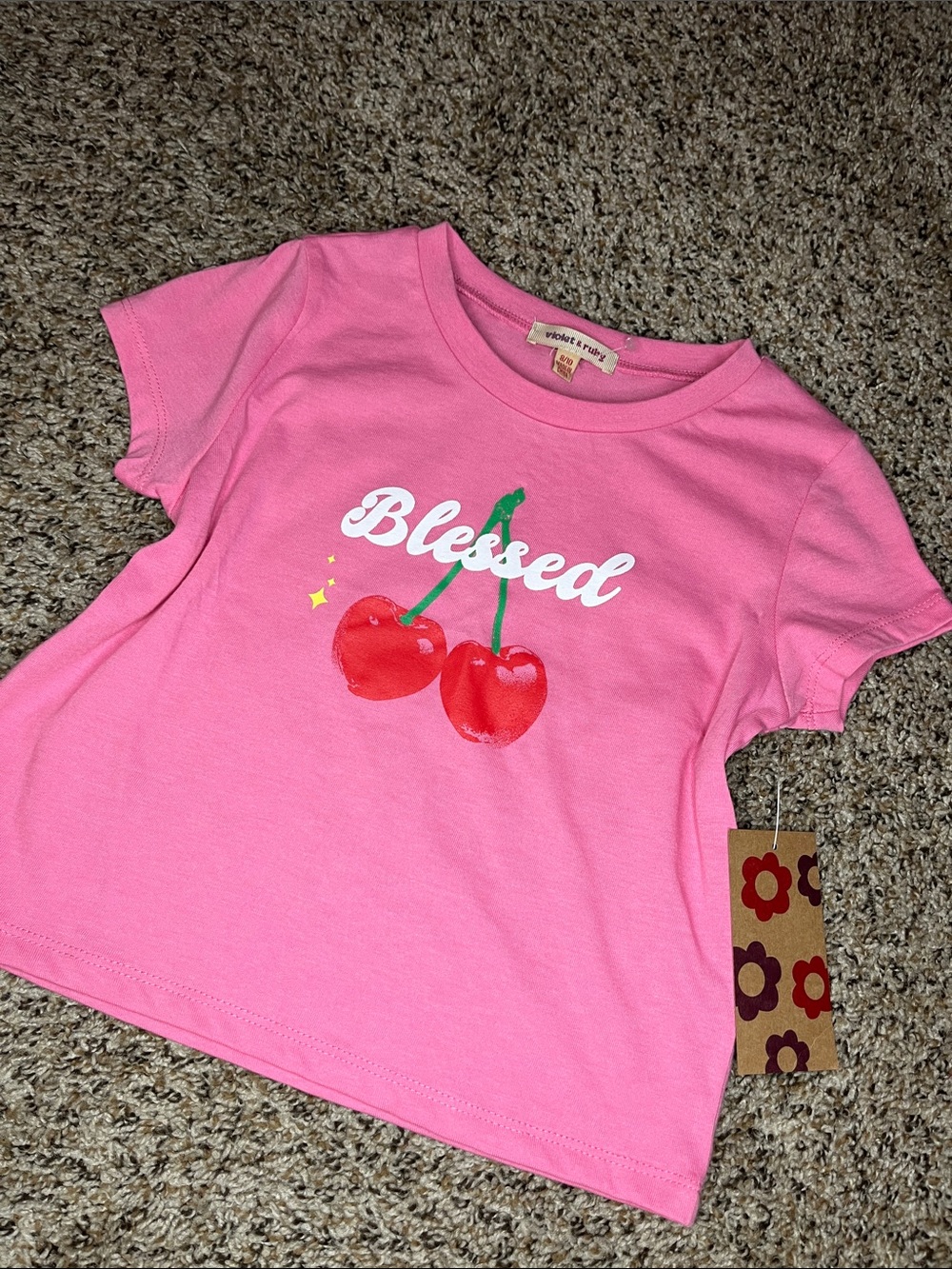 Chelsea & Violet Pink "Blessed" Cherry Graphic Tee